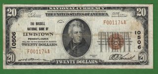 {lewistown} $20 The Russell National Bank Of Lewistown Pa Ch 10506 Vf+ photo
