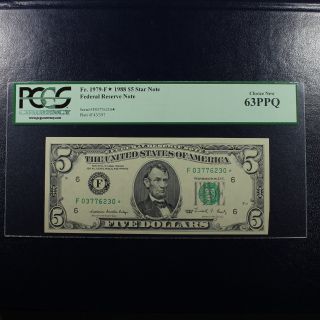 1988 $5 Federal Reserve Star Note Pcgs 63 Ppq - Fr.  1979 - F photo