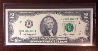Crisp Uncirculated Gem Two Dollar Bill (repeater) (b 28383838a) photo