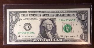 Crisp Uncirculated (gem) Repeater One Dollar Bill (d 74497449 E) photo