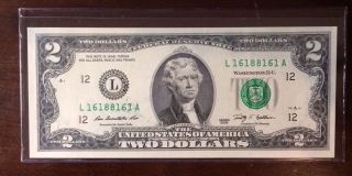 [radar] Crisp Uncirculated Gem Two Dollar Bill (l 16188161 A) photo
