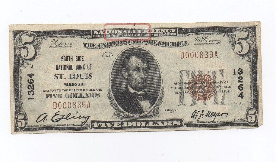 1929 Series $5 National Currency Note.  South Side Bank,  St Louis.  Low Serial. Small Size Notes photo