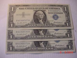 3 Silver Certificate Series 1957 Blue Seal Money One Dollar Bill photo