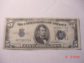 1934 D Series 5 Dollar Bill Silver Certificate Note.  Money Offset Cut photo