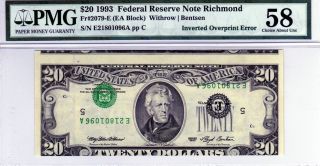 1993 $20 Frb Richmond Inverted Overprint Error Type Ii - Pmg 58 photo