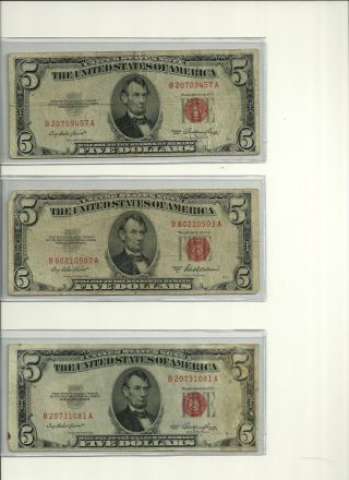 5 - 1963 $5 Dollar Bills Circulated Unitedw/5 - Plastic Covers photo