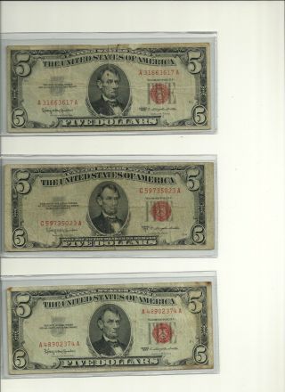 5 - 53 ' /63 ' Mixed $5 Dollar Bills Circulated W/5 - Plastic Covers photo
