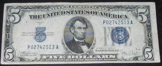 10% Off 1934 C - 5 Dollar Bill (blue Seal) (offset Error) Silver Certificate photo