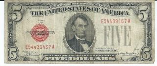 $5 United States Note Red Seal 1928c Mule Back Check Micro 898 467a photo