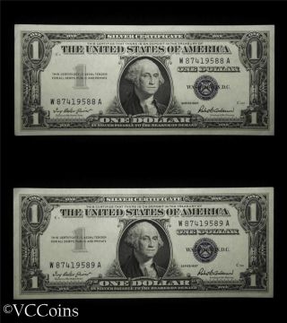 1957 One Dollar Silver Certificate Note Consecutive Serial $1 Bill Blue Seal 588 photo