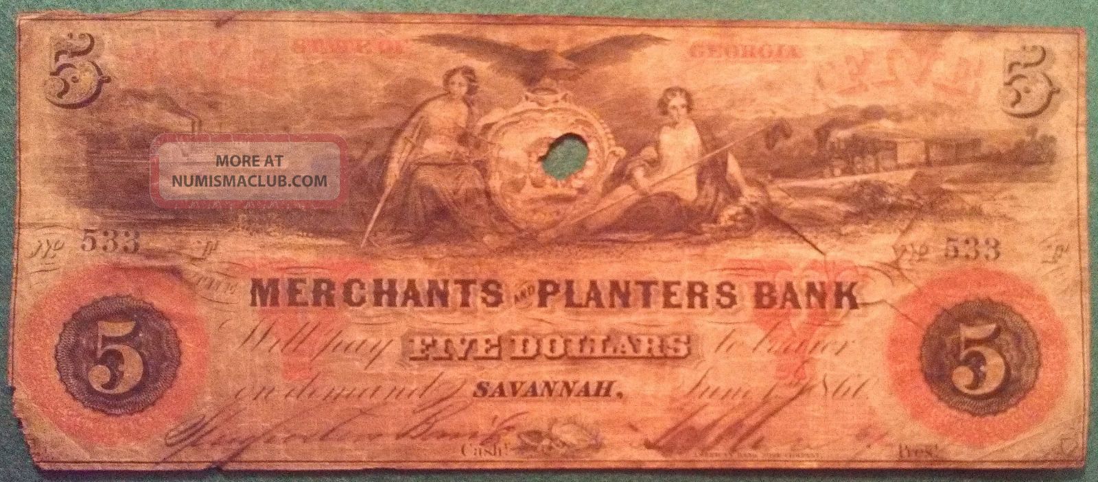 1860 Merchants & Planters Bank Five Dollar Note Savannah, Ga