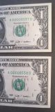 $1 One Dollar Frn 2009 Two Consecutive (pair) Low Serial Number (4 Digit) Small Size Notes photo 10