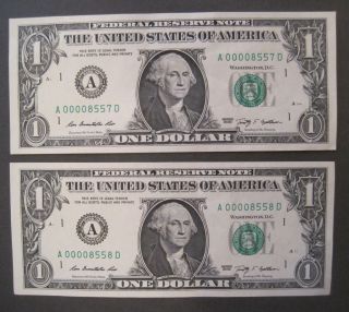 $1 One Dollar Frn 2009 Two Consecutive (pair) Low Serial Number (4 Digit) photo