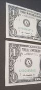 $1 One Dollar Frn 2009 Two Consecutive (pair) Low Serial Number (4 Digit) Small Size Notes photo 4