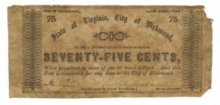 75 Cents 1862 State Of Virginia City Of Richmond More Currency Ki photo