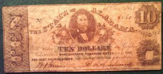 1864 State Of Alabama Ten - Dollar Note - Montgomery,  Al photo