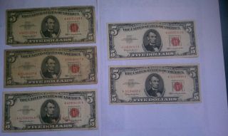 5 - 1963 $5 Dollar Bill United States Legal Tender Red Seal Note Old Paper Money photo