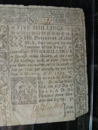 1780,  July 1 - Connecticut Us Colonial Note.  Five Shillings.  Serial 14021 photo