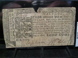1774,  April 10 - Maryland Us Colonial Note.  Half Dollar.  Serial 1456. photo
