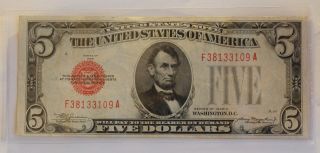 1928c $5 Five Dollar Bill Red Seal United States Note photo
