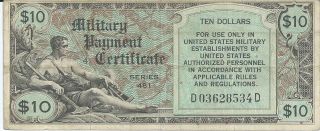Series 481 $10 Dollar Military Payment Certificate Mpc Note 534dchoice Vf photo