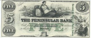 Obsolete Currency Michigan Detroit Peninsular Bank $5 18xx G8c Unsigned Cu Note photo