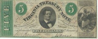 Obsolete Currency Virginia Treasury Note $5 Signed Issued 1862 Vf Cr13 21178 photo