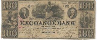 Obsolete Currency Virginia Norfolk Lynchburg $100 1856 Signed/issued Fine 618 photo