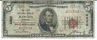 National Currency Wyoming Bank Of Rawlins $5 Type1 Charter 4320 Rare 1876a photo
