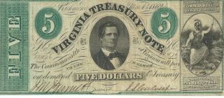Obsolete Currency Virginia Treasury Note $5 Signed Issued 1862 Vf Cr13 32476 photo