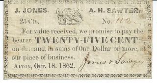 Obsolete Currency Hampshire Alton Jones Sawyer 25 Cents 1862 Scrip 102 photo
