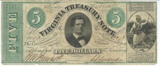 Obsolete Currency Virginia Treasury Note $5 Signed/issued 1862 Vf Cr15 32473 photo