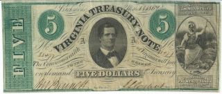 Obsolete Currency Virginia Treasury Note $5 Signed Issued 1862 Vf Cr13 32477 photo
