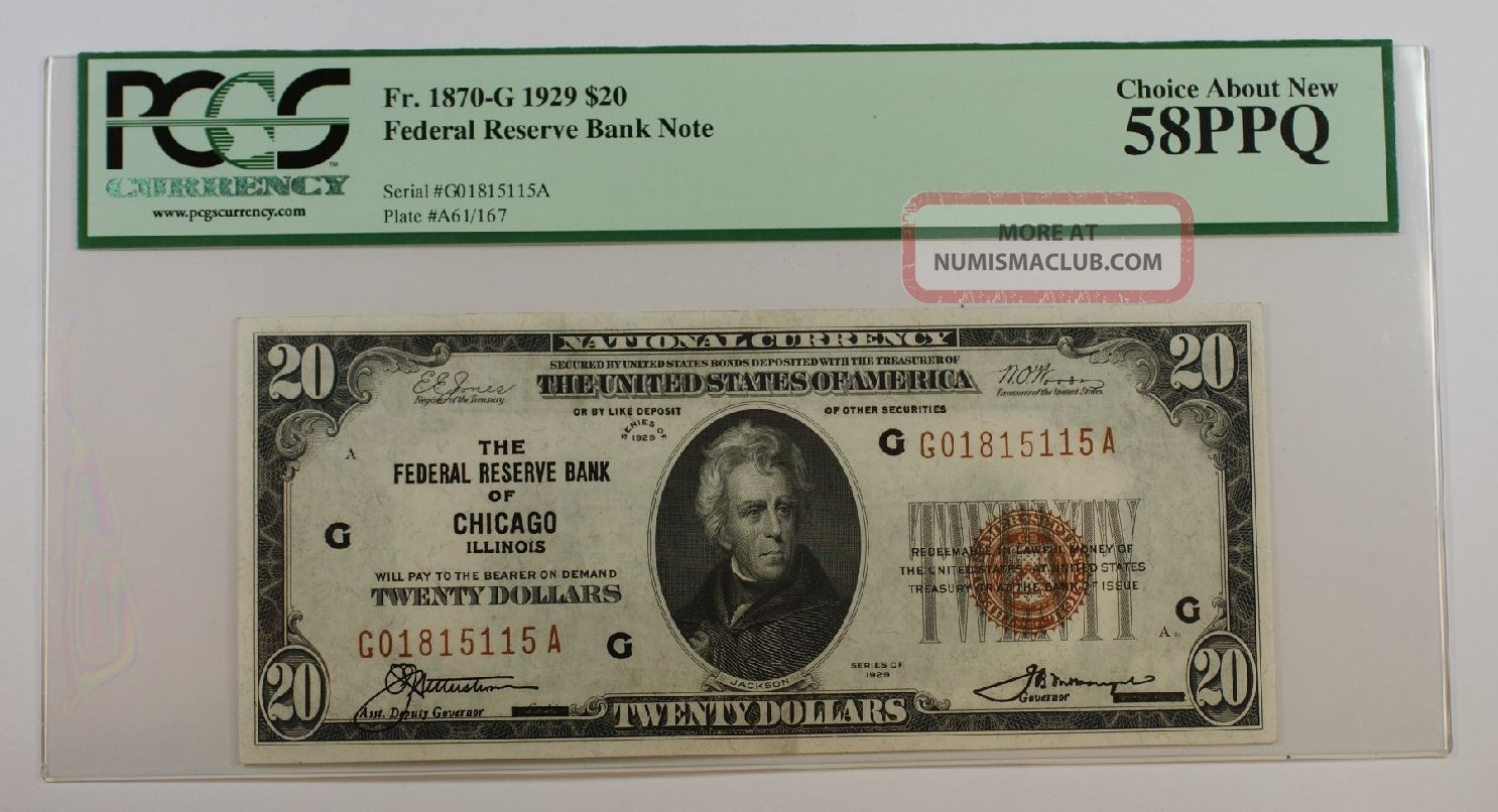 1929 $20 Twenty Dollar Chicago Frbn Note Pcgs 58 Ppq Fr.  1870 - G Small Size Notes photo