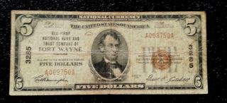 1929 Circulated Five Dollars Bill Us,  Of Fort Wayne Indiana photo