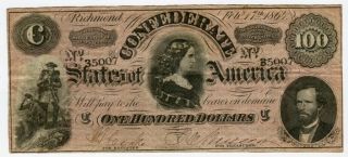 1864 $100 Confederate States Of America T - 65,  Crisp Xf photo