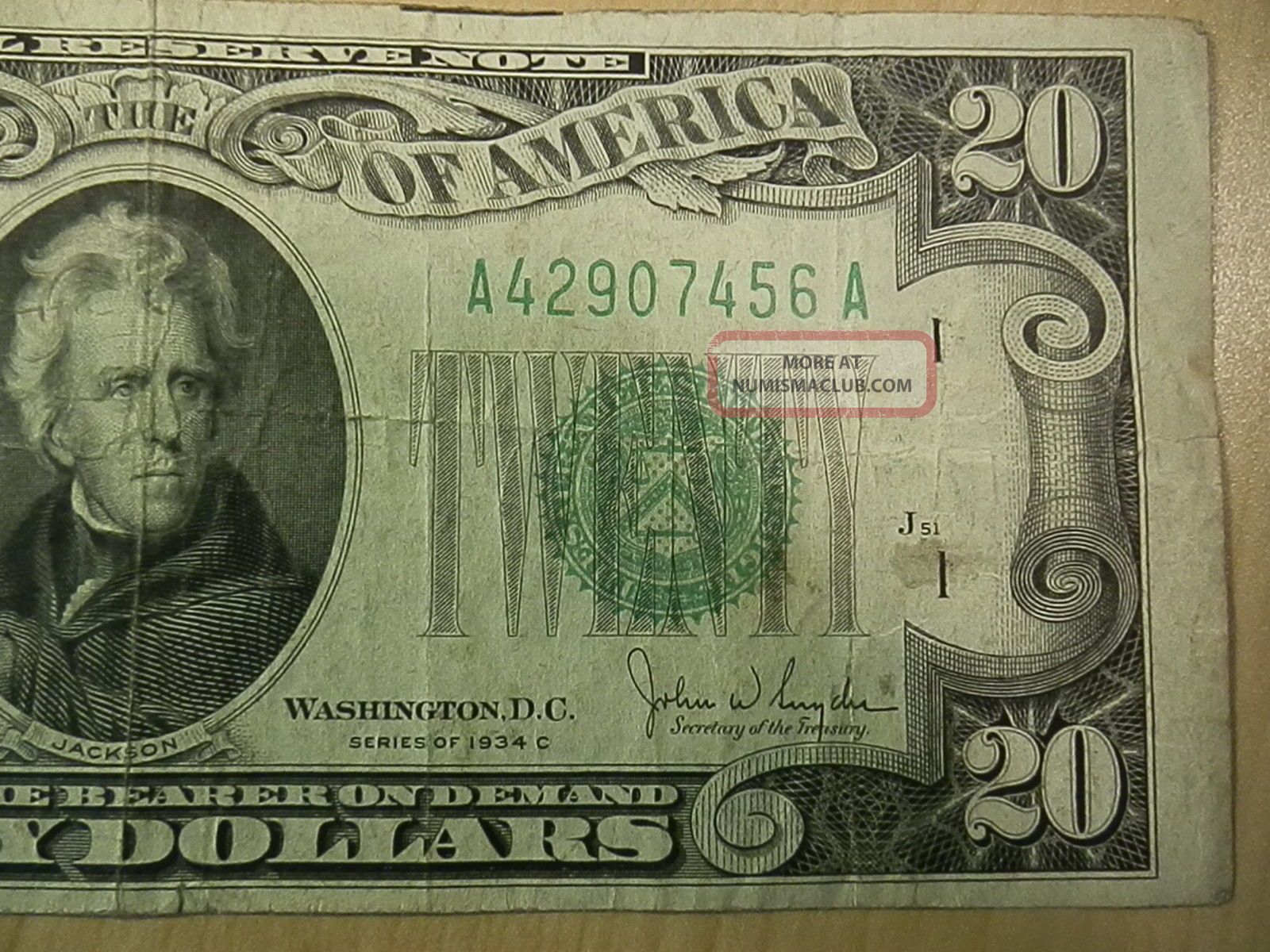1934 C Andrew Jackson $20 Bill Federal Note Us Currency Boston