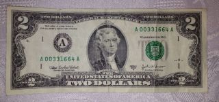 2003a (boston) Series Two Dollar $2 Bill Low Serial Number A00331664a Circulated photo