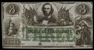 1862 State Of Missouri $3 Obsolete Bank Note - About Uncirculated / Uncirculated photo