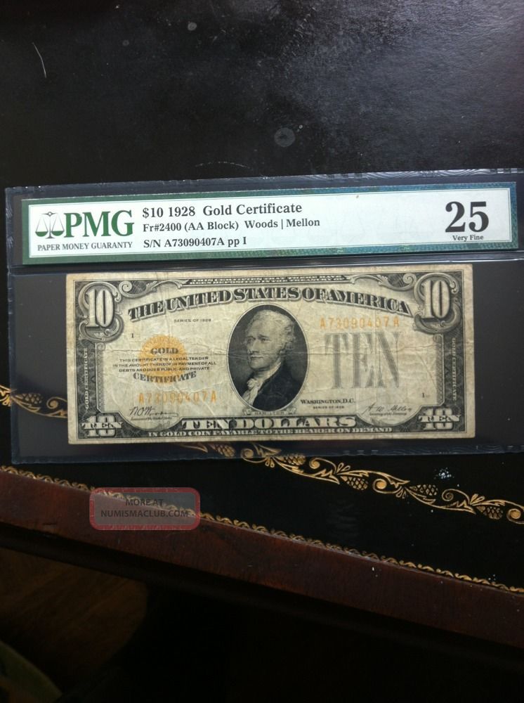 Fr 2400 1928 $10 Gold Certificate Yellow Seal Note Ten Dollar Graded Vf25 Pmg Small Size Notes photo