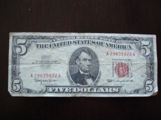 1963 $5 Bill Red Seal Note Old Money photo