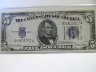 1934d $5.  00 Silver Certificate Blue Seal Almost Uncirculated photo