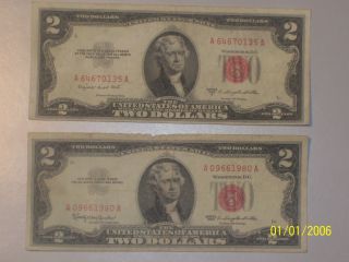 1953 B & 1963 $2 Dollar Bill Jefferson Note Red Seal Paper Money photo