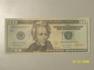 $20 Star Note Dollar Note 2004 A - Star Note Rare Gb 00123720 photo