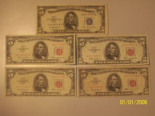 (1) 1953 & (4) 1963 Five Dollar Bills United States America photo