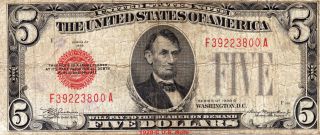 1928 - C Five Dollar United States Note - Red Seal photo