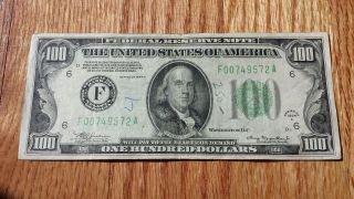 $100 Usa Frn Federal Reserve Note Series 1934a F00749572a photo