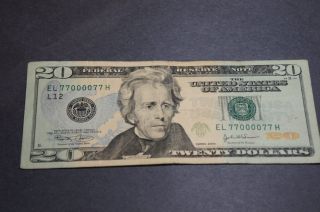 Fancy And Repeated Serial Number Us 20 Dollar Bill El77000077h photo
