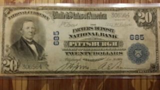Large 1902 $20 Dollar Bill National Currency Bank Note Pittsburgh Pa Fr 645 photo
