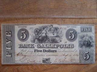 1839 The Bank Of Gallipolis Ohio $5 Extremely Fine Bank Note photo